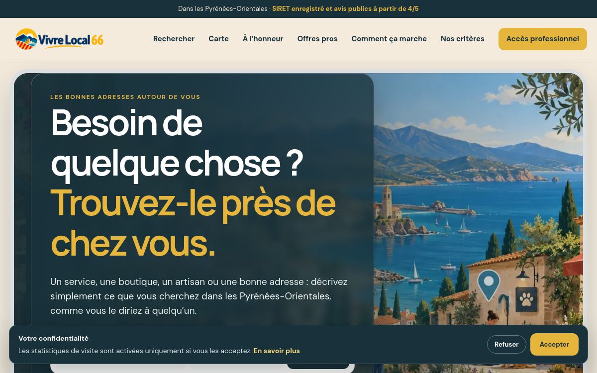 Page d’accueil de Vivre Local 66, annuaire local interactif des Pyrénées-Orientales